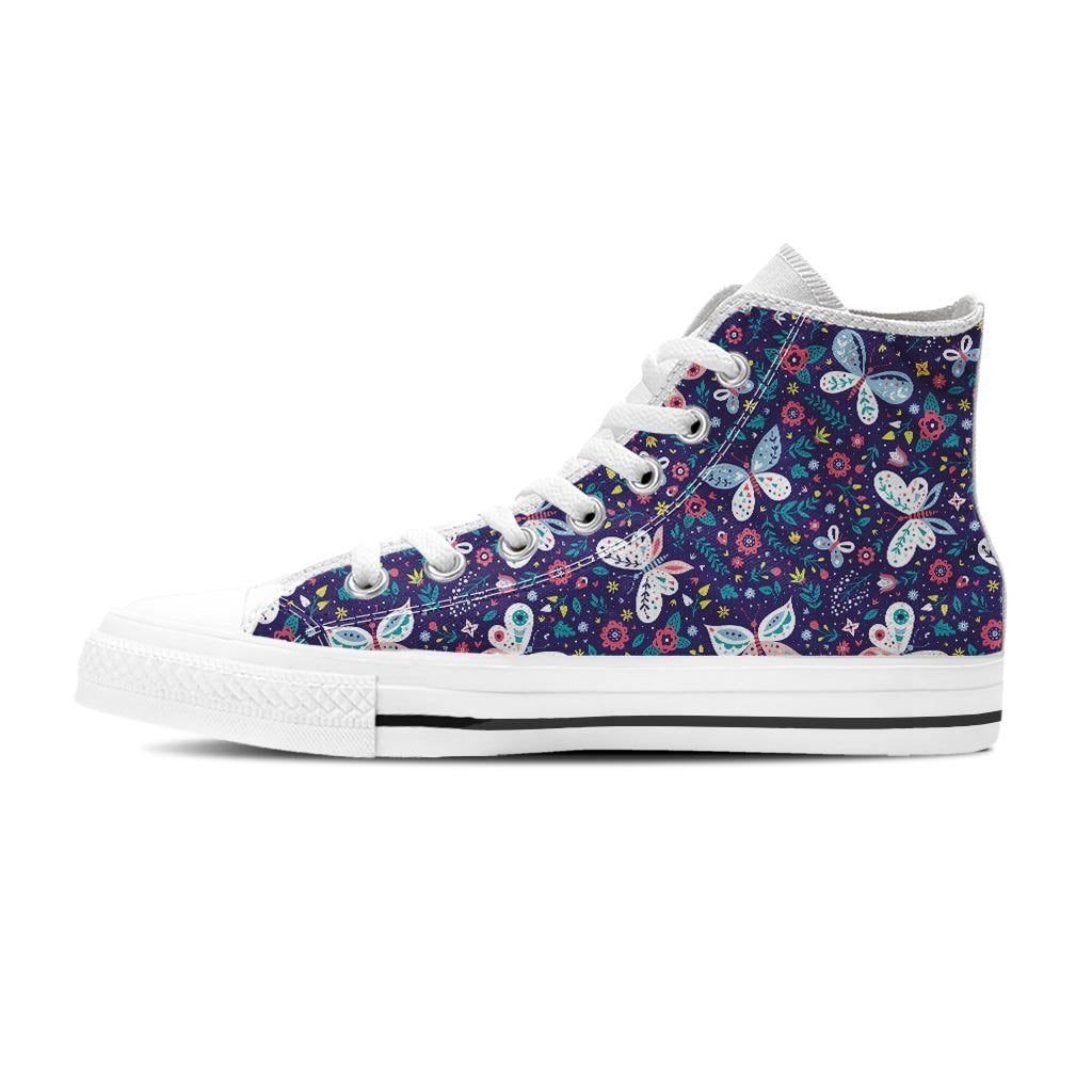 Blue Butterfly Floral Print Men's High Top Shoes-grizzshop