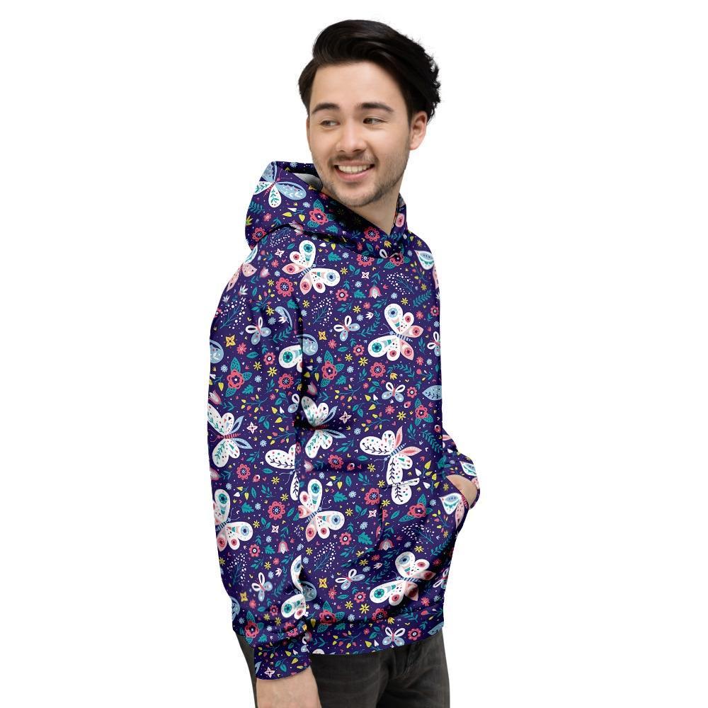 Blue Butterfly Floral Print Men's Hoodie-grizzshop