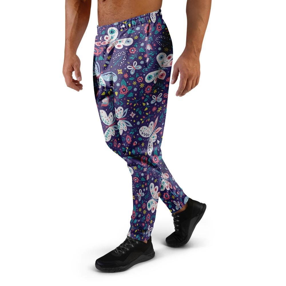 Blue Butterfly Floral Print Men's Joggers-grizzshop