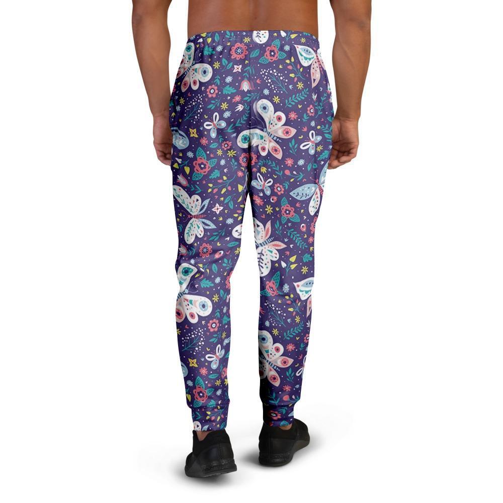 Blue Butterfly Floral Print Men's Joggers-grizzshop