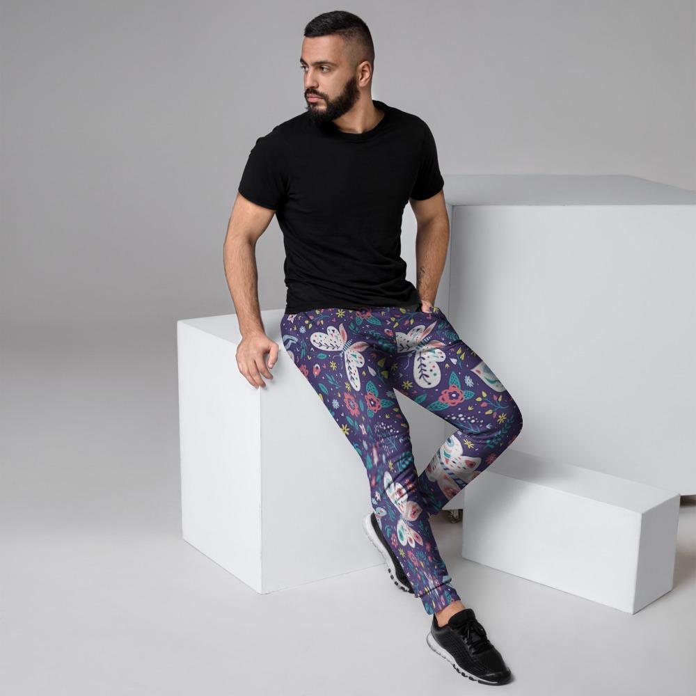 Blue Butterfly Floral Print Men's Joggers-grizzshop