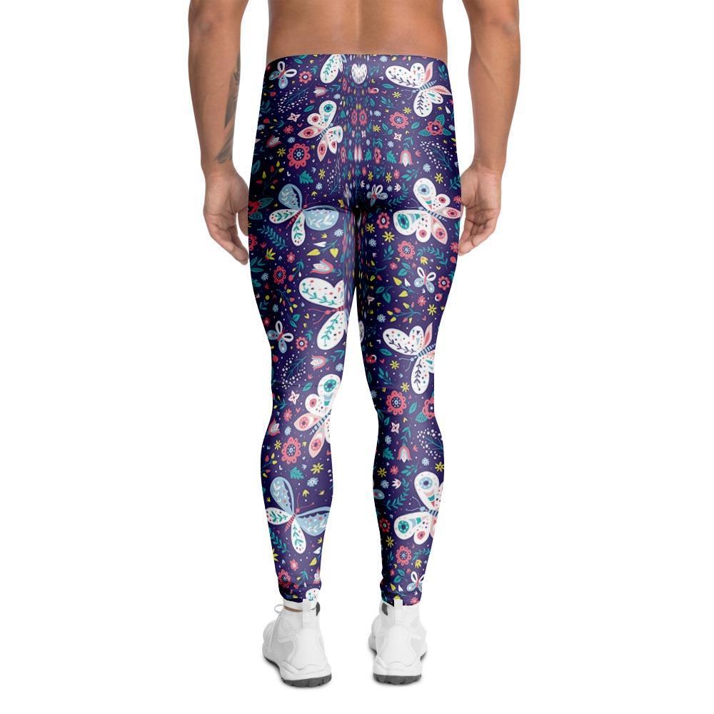 Blue Butterfly Floral Print Men's Leggings-grizzshop