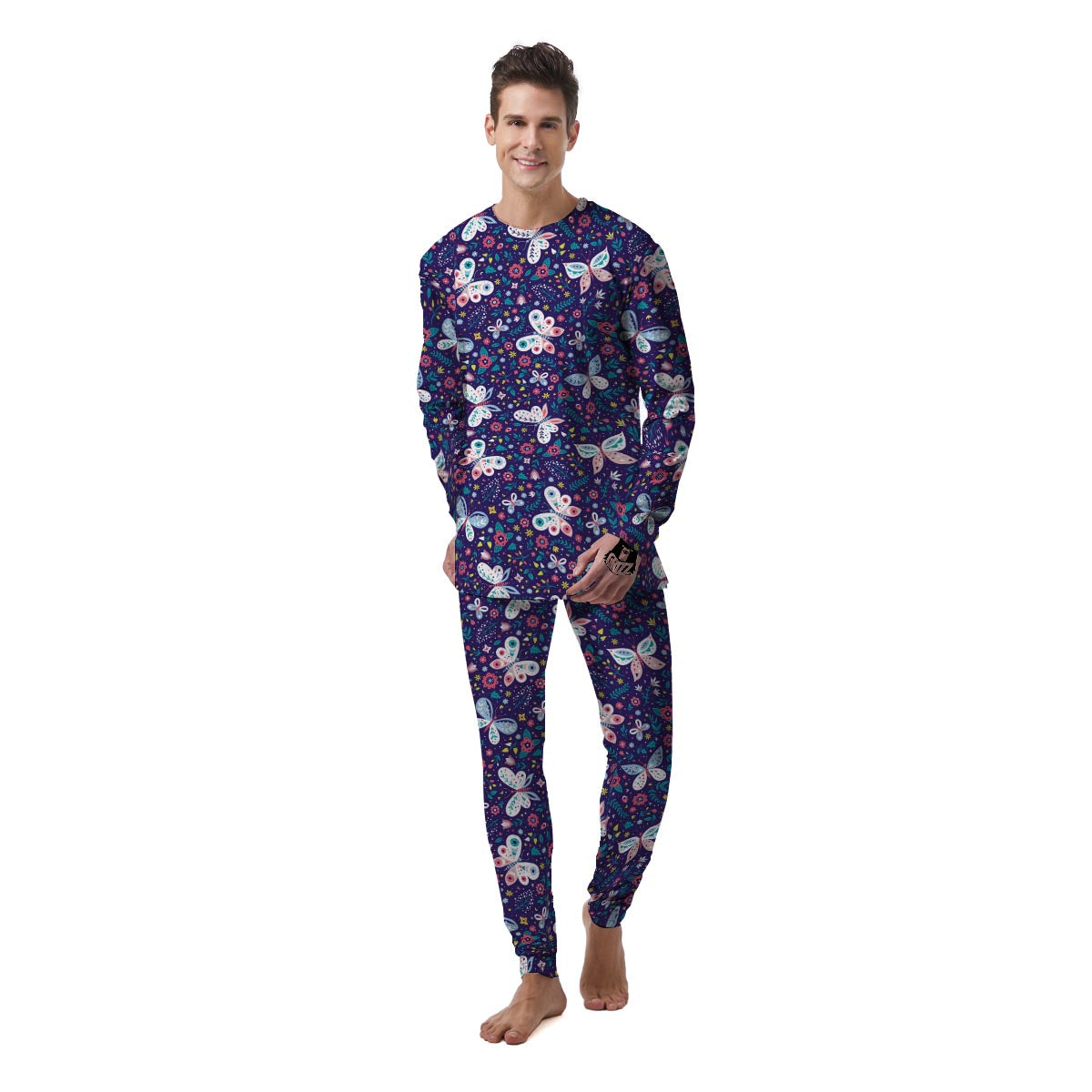 Blue Butterfly Floral Print Men's Pajamas-grizzshop