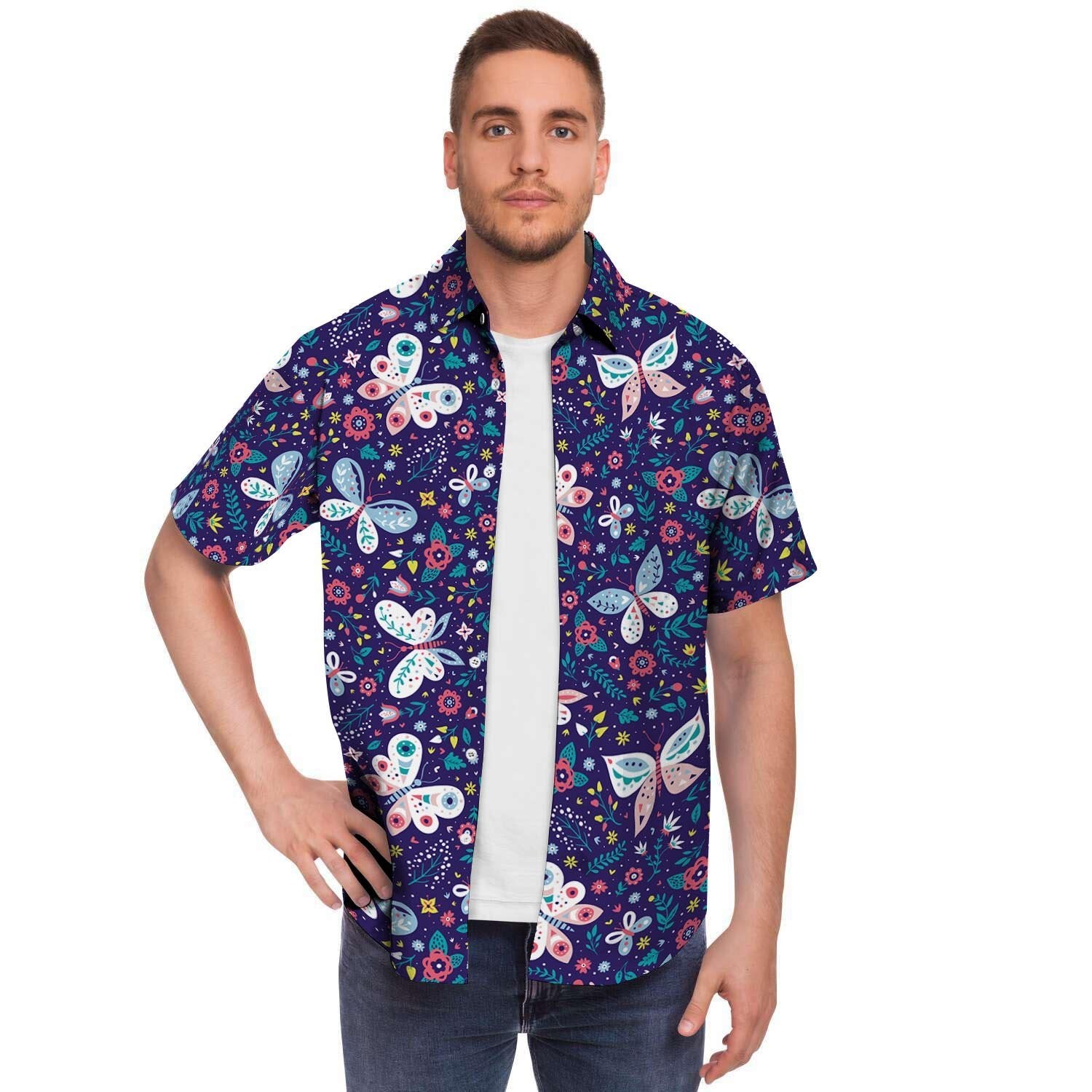 Blue Butterfly Floral Print Men's Short Sleeve Shirt-grizzshop