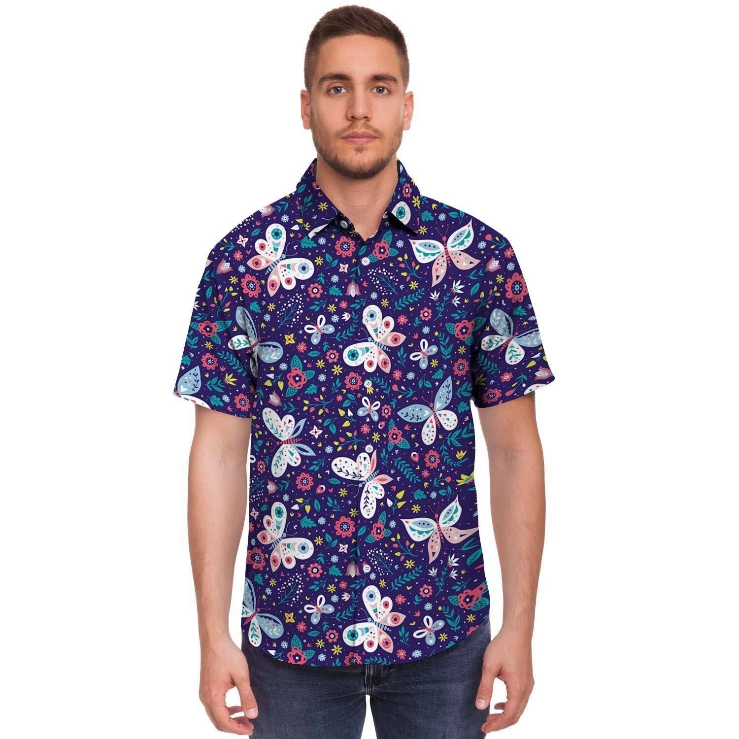 Blue Butterfly Floral Print Men's Short Sleeve Shirt-grizzshop