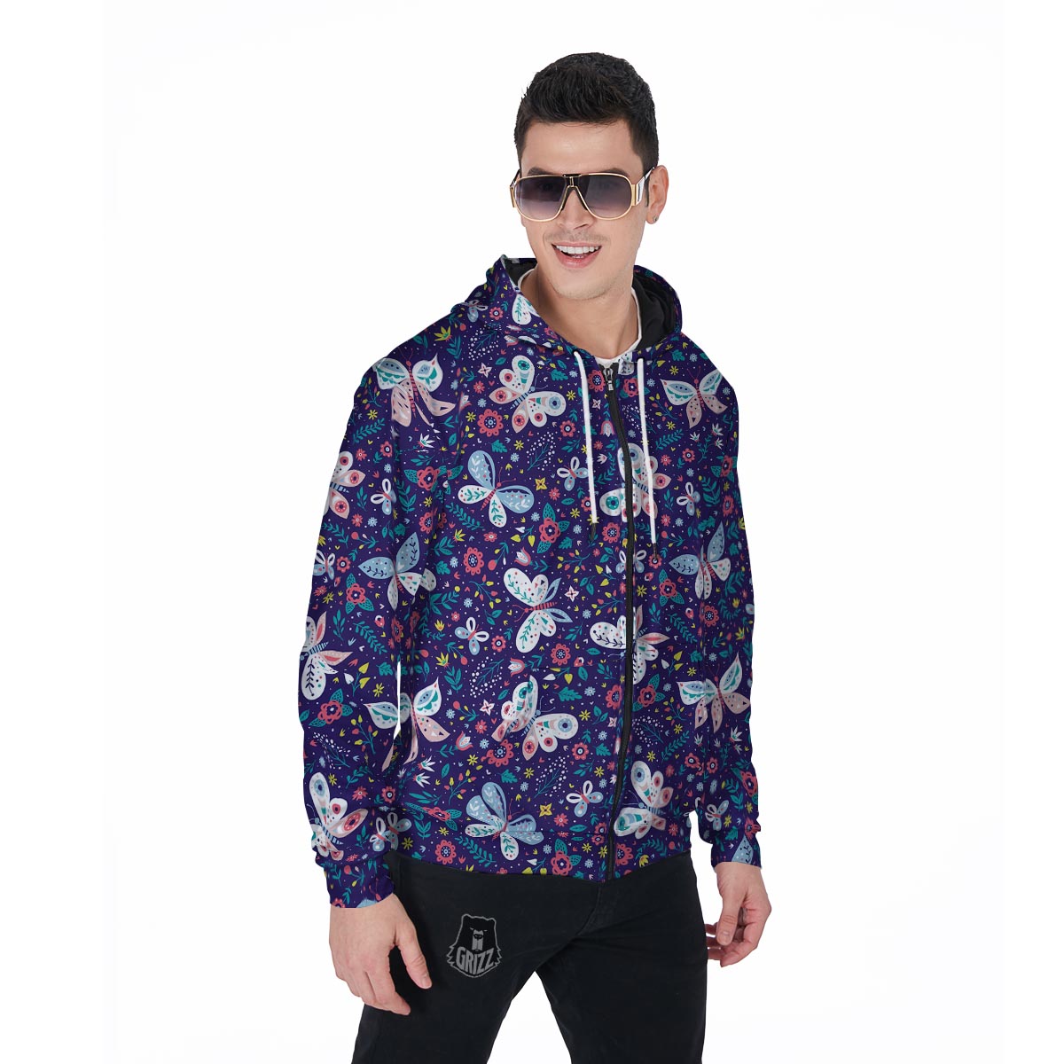 Blue Butterfly Floral Print Men's Zip Up Hoodie-grizzshop