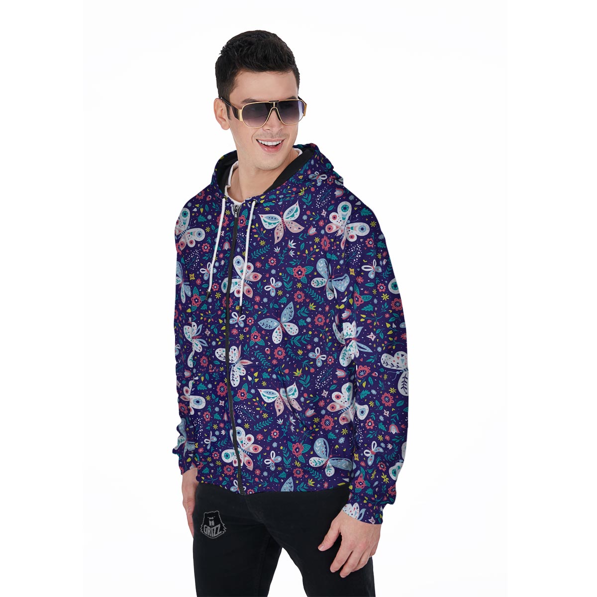 Blue Butterfly Floral Print Men's Zip Up Hoodie-grizzshop