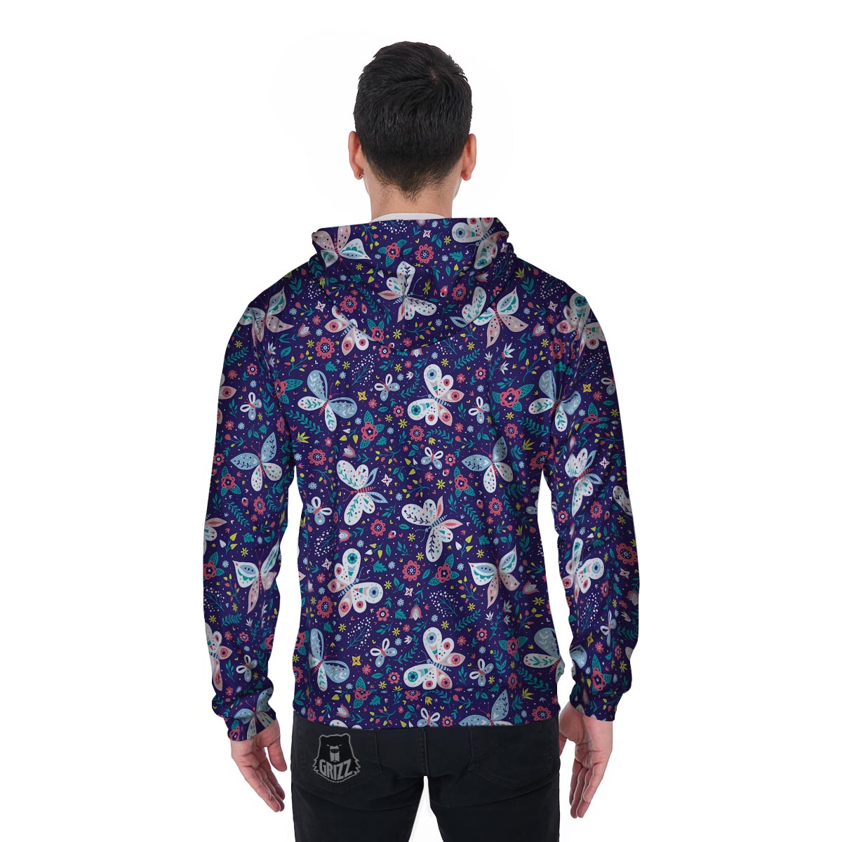 Blue Butterfly Floral Print Men's Zip Up Hoodie-grizzshop