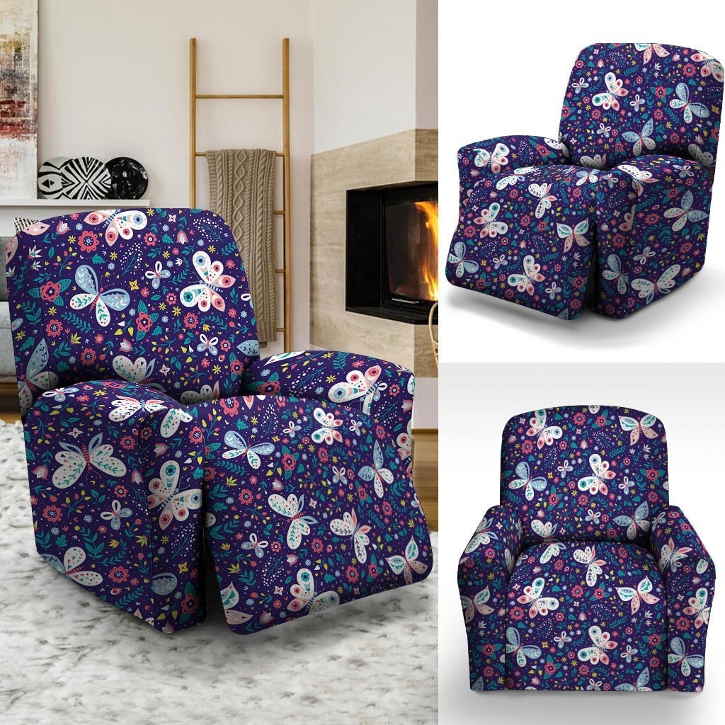 Blue Butterfly Floral Print Recliner Cover-grizzshop