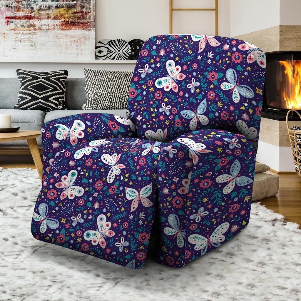 Blue Butterfly Floral Print Recliner Cover-grizzshop