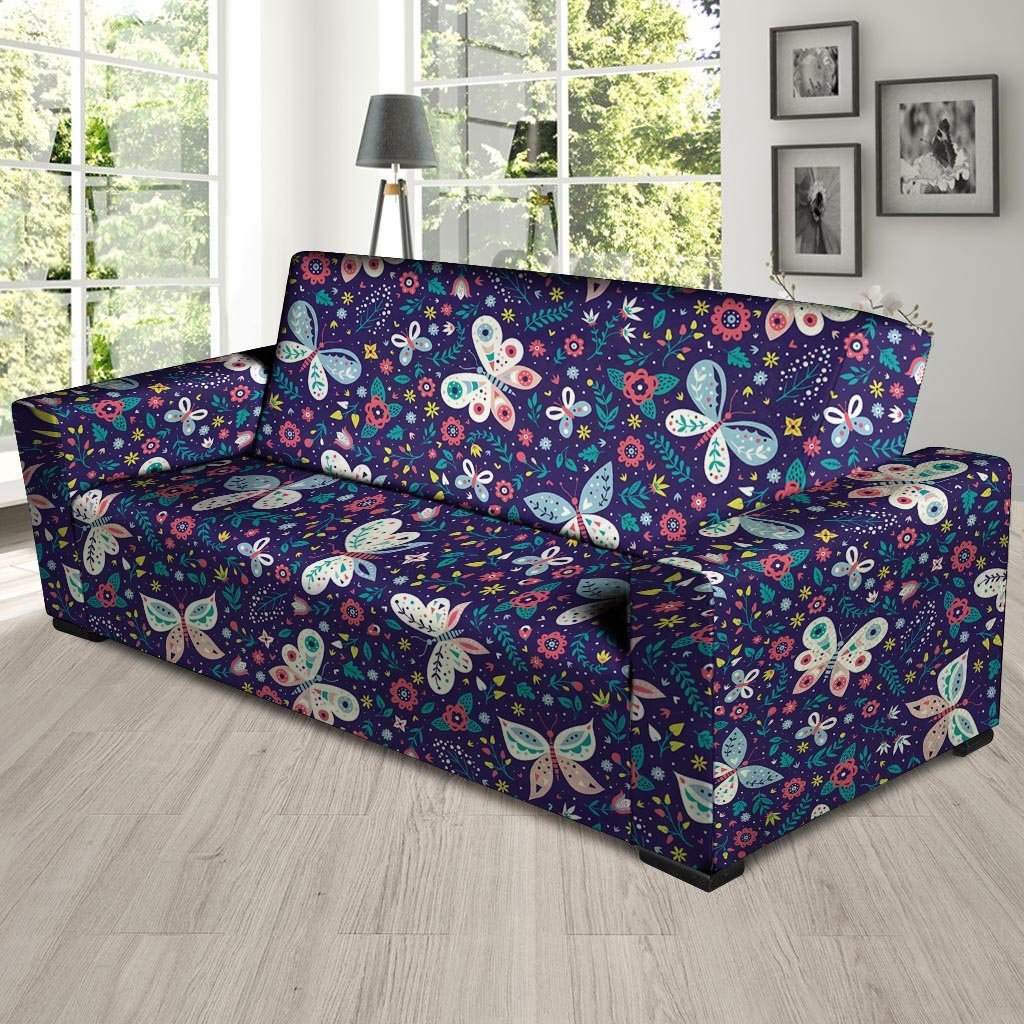 Blue Butterfly Floral Print Sofa Cover-grizzshop