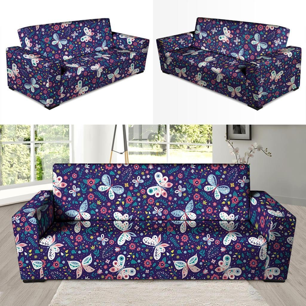 Blue Butterfly Floral Print Sofa Cover-grizzshop