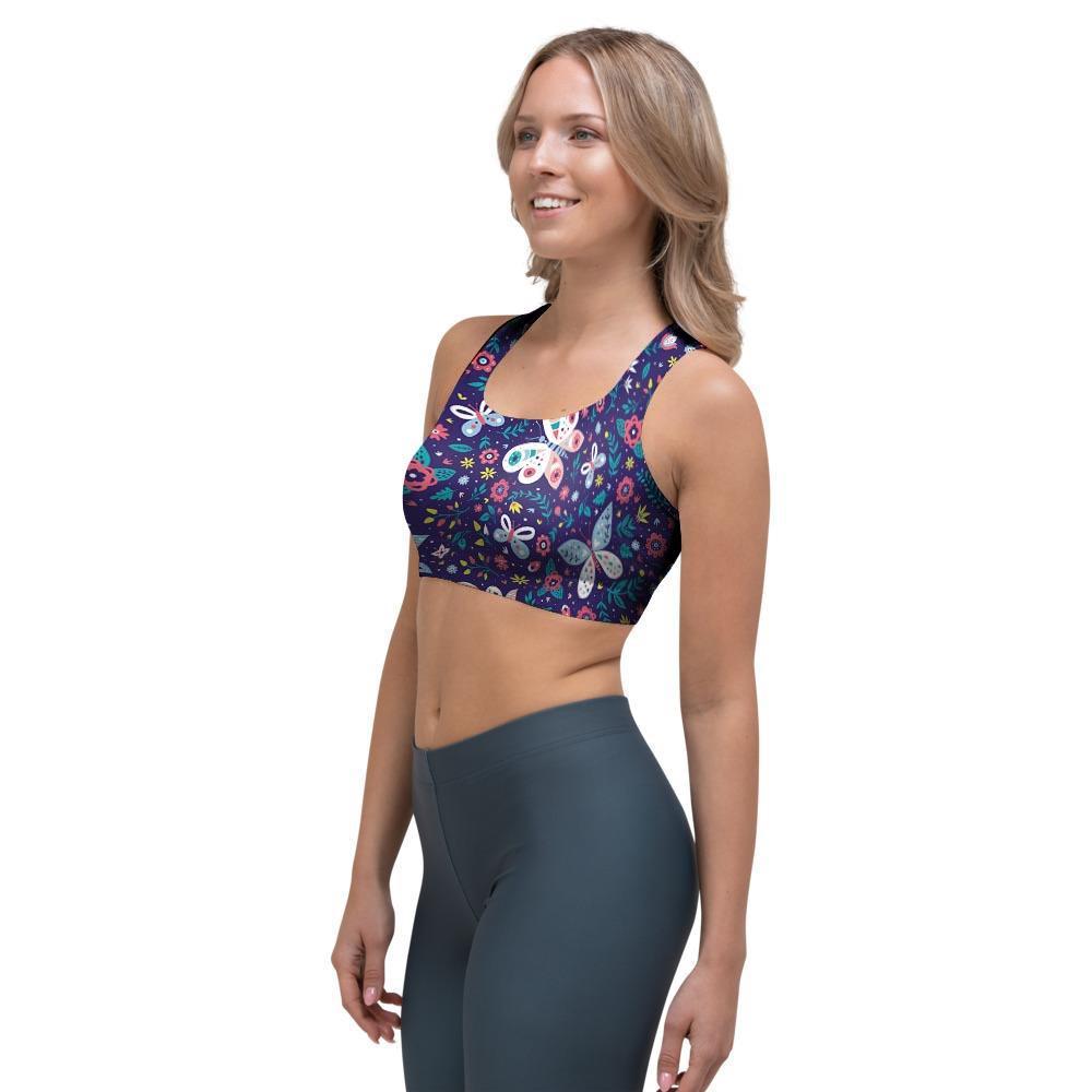 Blue Butterfly Floral Print Sports Bra-grizzshop