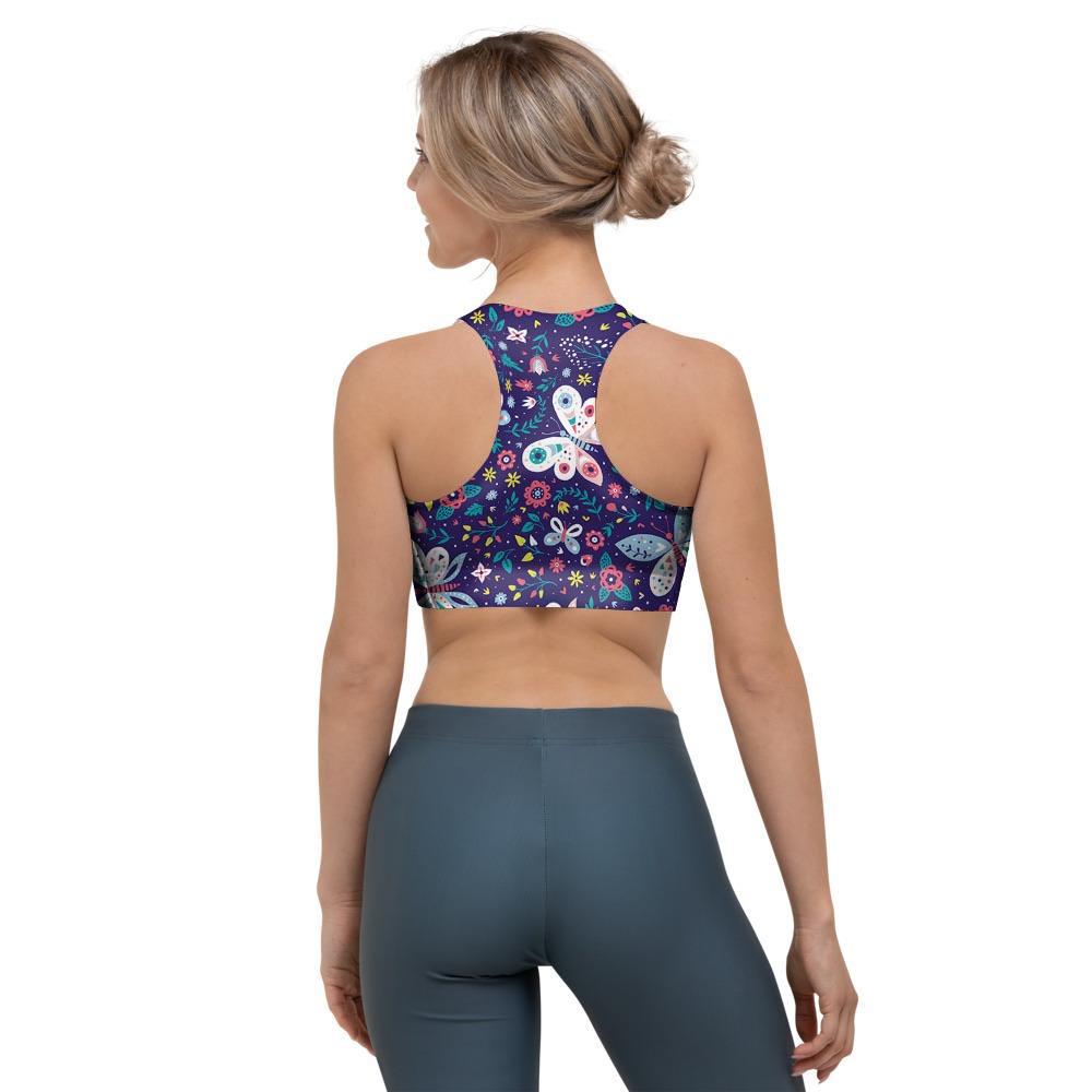 Blue Butterfly Floral Print Sports Bra-grizzshop