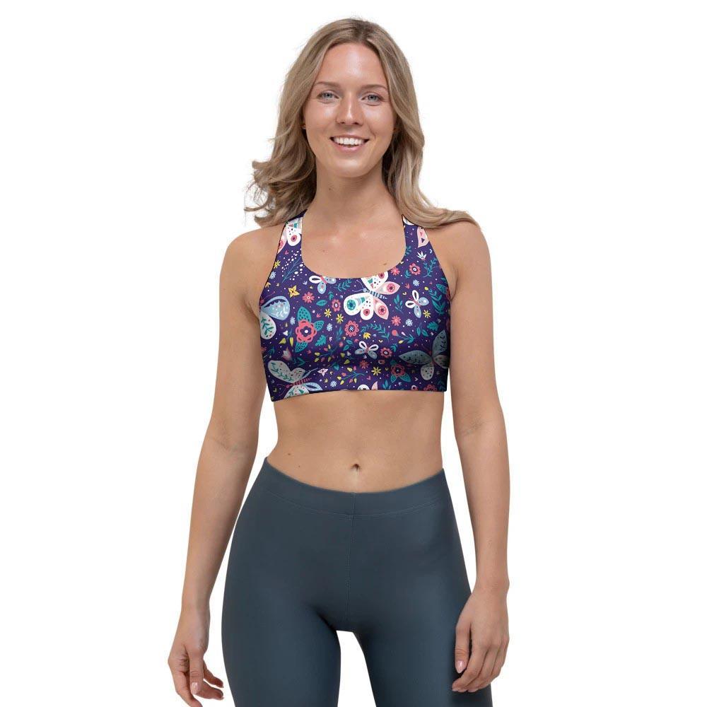 Blue Butterfly Floral Print Sports Bra-grizzshop