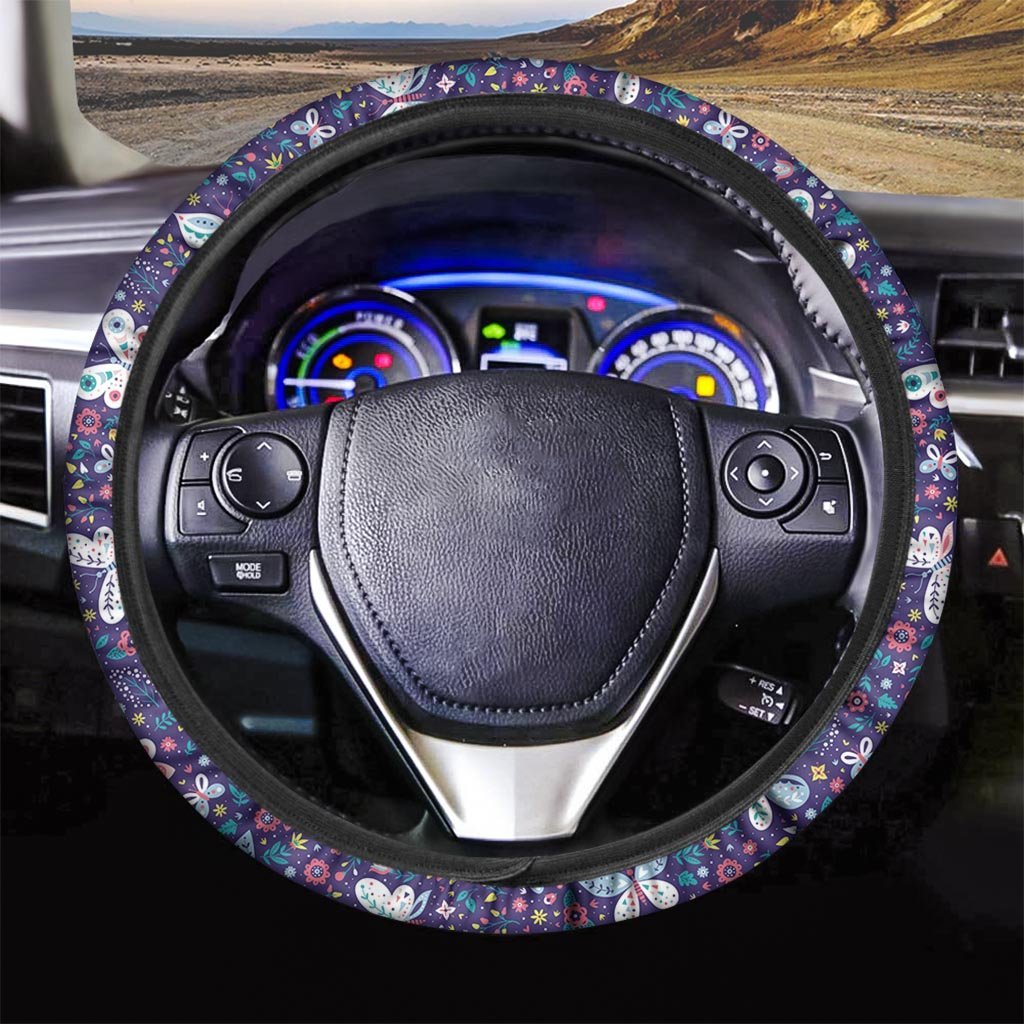 Blue Butterfly Floral Print Steering Wheel Cover-grizzshop