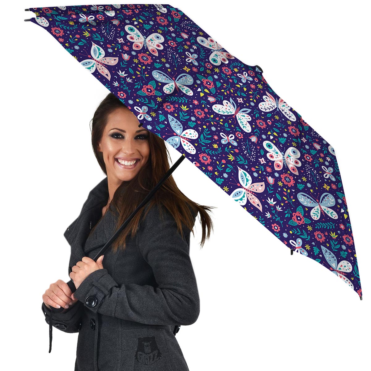 Blue Butterfly Floral Print Umbrella-grizzshop