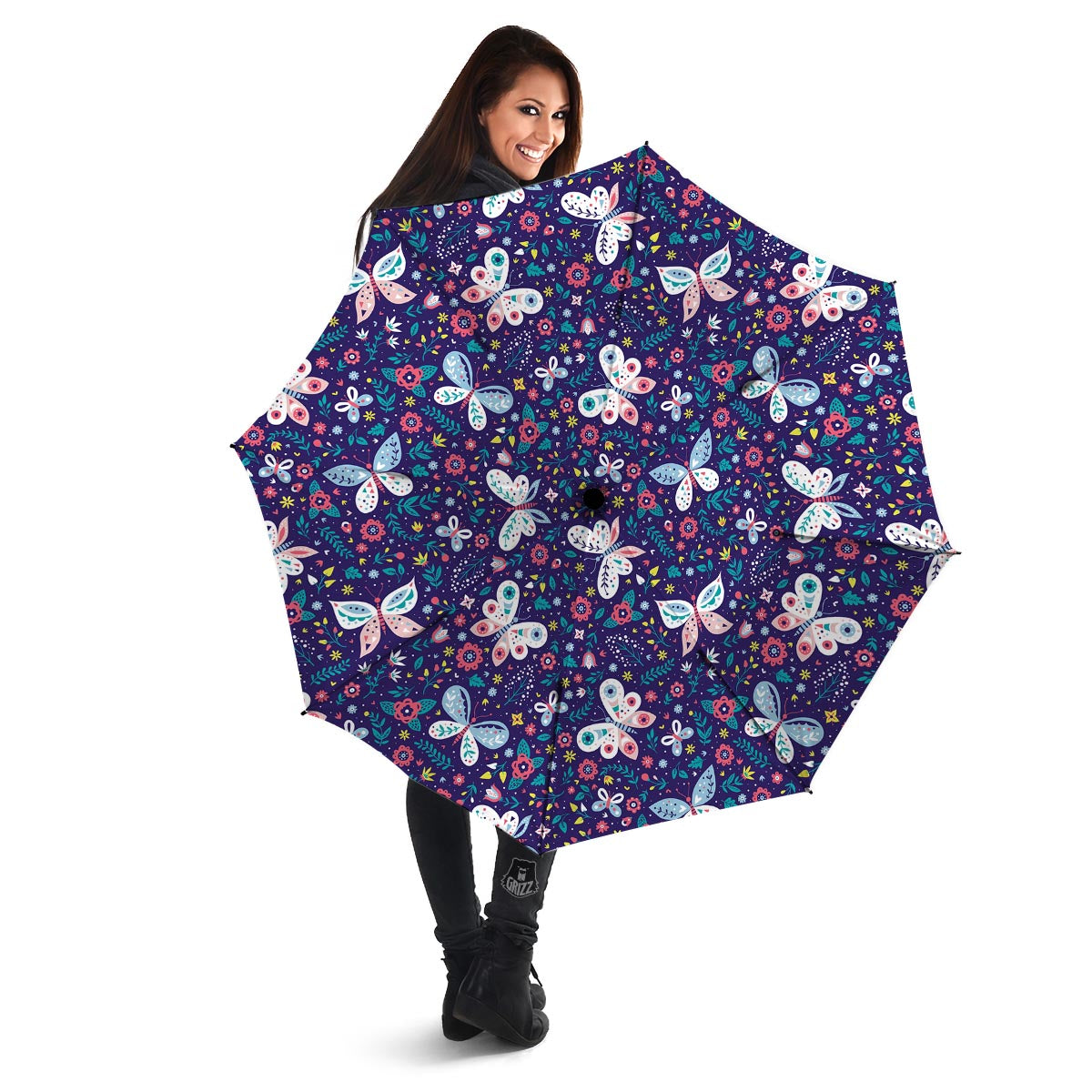 Blue Butterfly Floral Print Umbrella-grizzshop