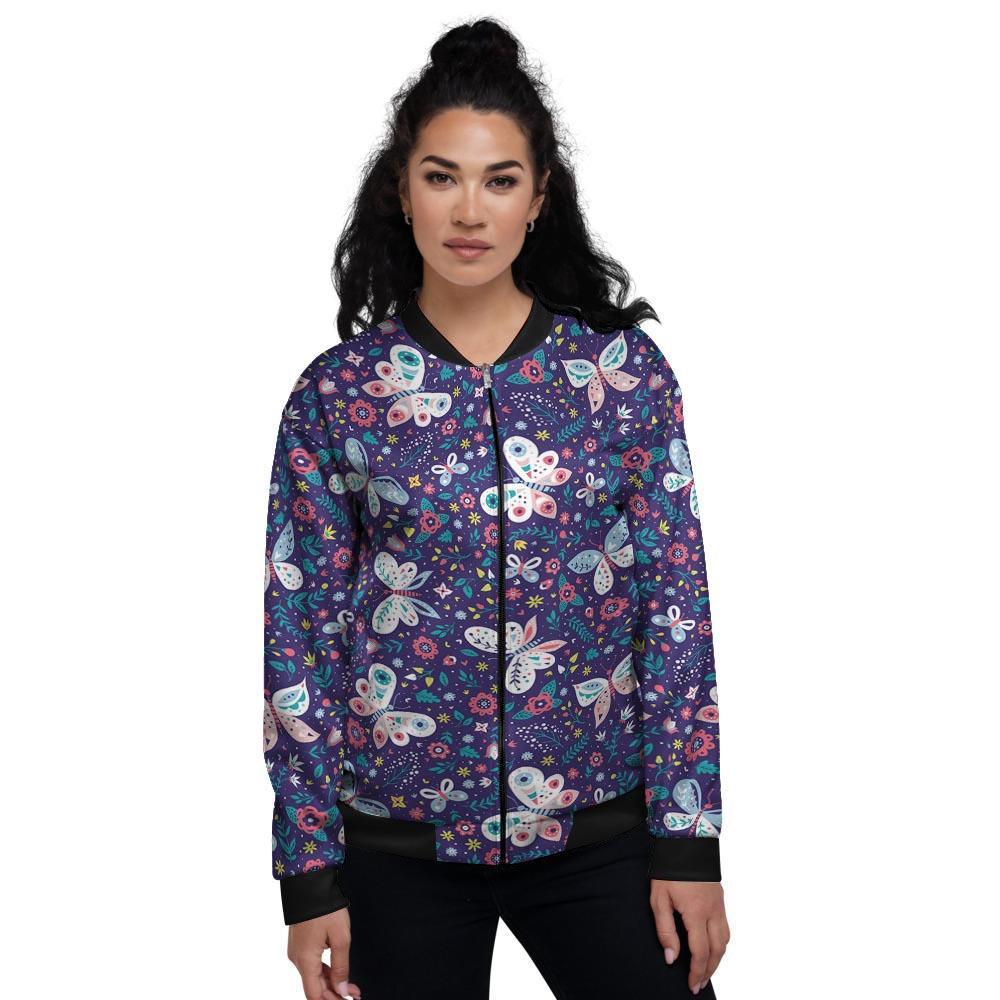 Blue Butterfly Floral Print Women's Bomber Jacket-grizzshop