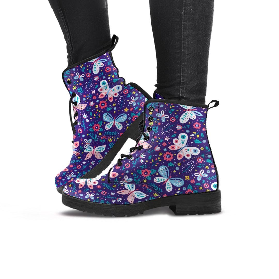 Blue Butterfly Floral Print Women's Boots-grizzshop