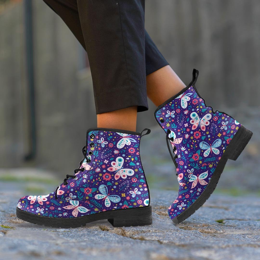 Blue Butterfly Floral Print Women's Boots-grizzshop