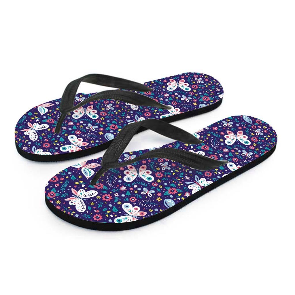 Blue Butterfly Floral Print Women's Flip Flops-grizzshop