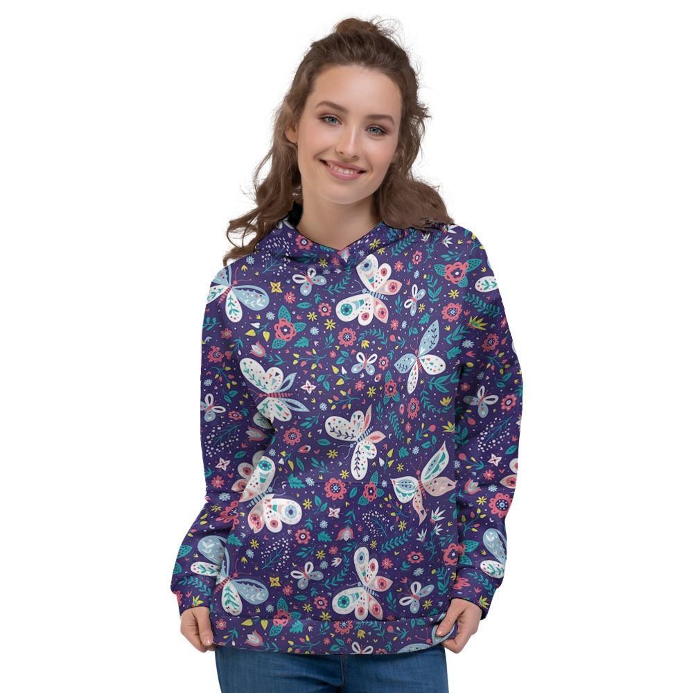 Blue Butterfly Floral Print Women's Hoodie-grizzshop