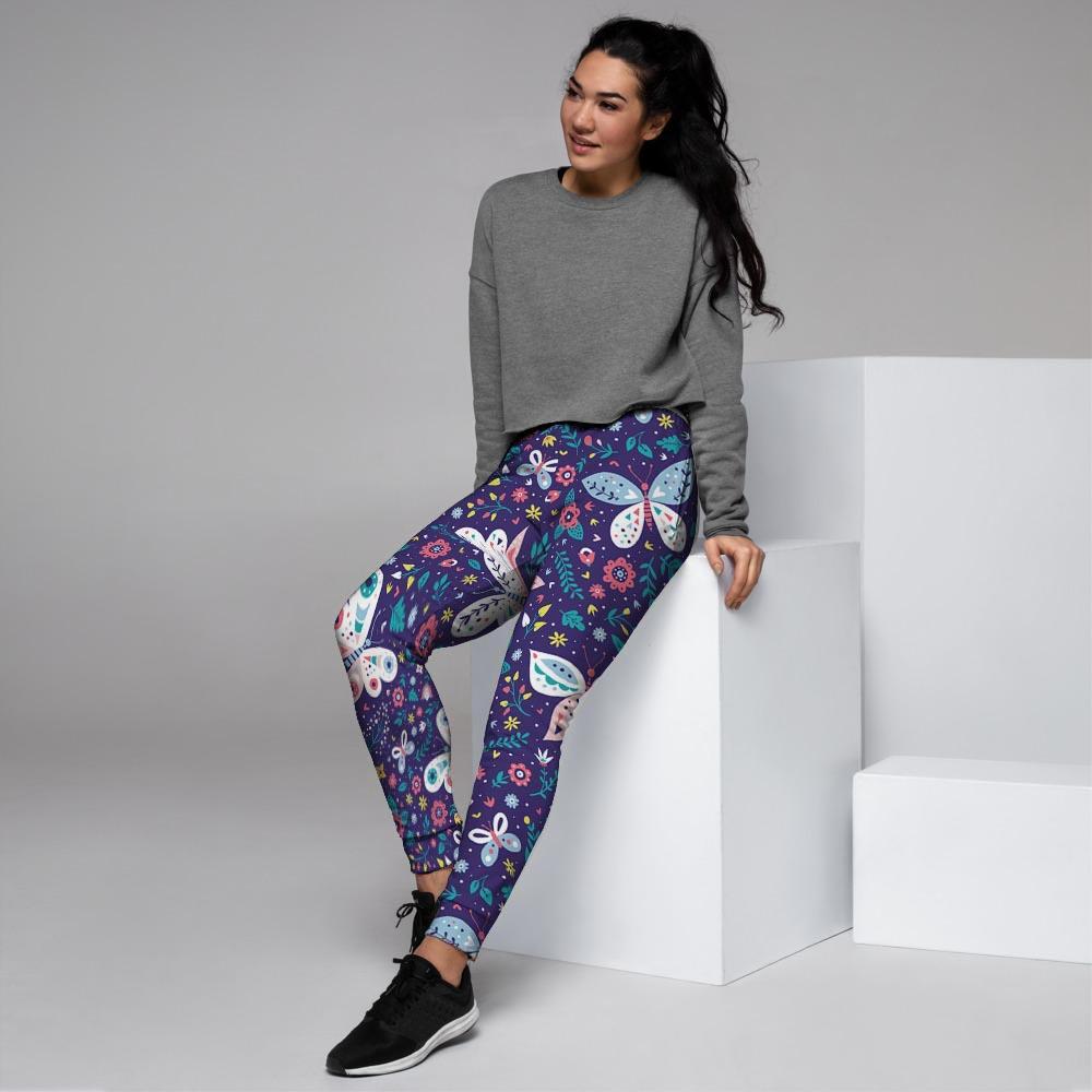 Blue Butterfly Floral Print Women's Joggers-grizzshop