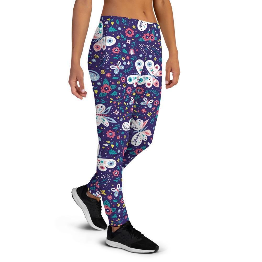 Blue Butterfly Floral Print Women's Joggers-grizzshop