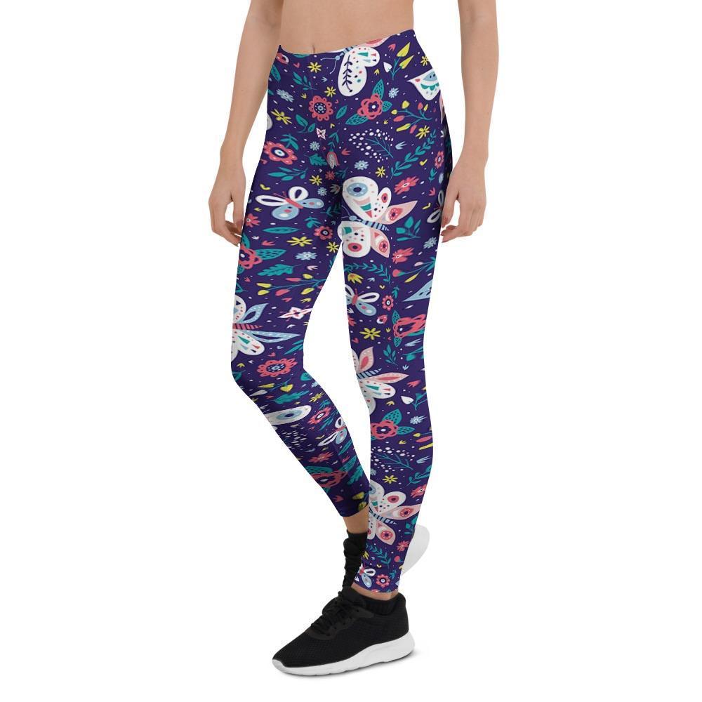 Blue Butterfly Floral Print Women's Leggings-grizzshop