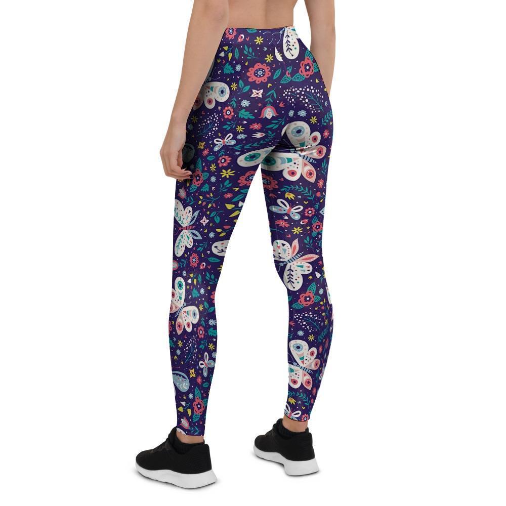 Blue Butterfly Floral Print Women's Leggings-grizzshop