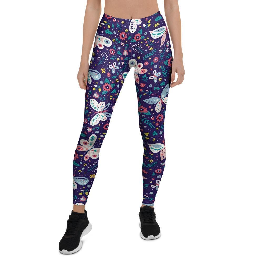 Blue Butterfly Floral Print Women's Leggings-grizzshop