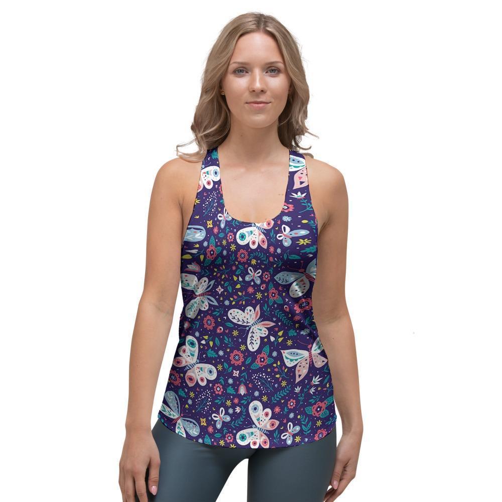 Blue Butterfly Floral Print Women's Racerback Tank Top-grizzshop