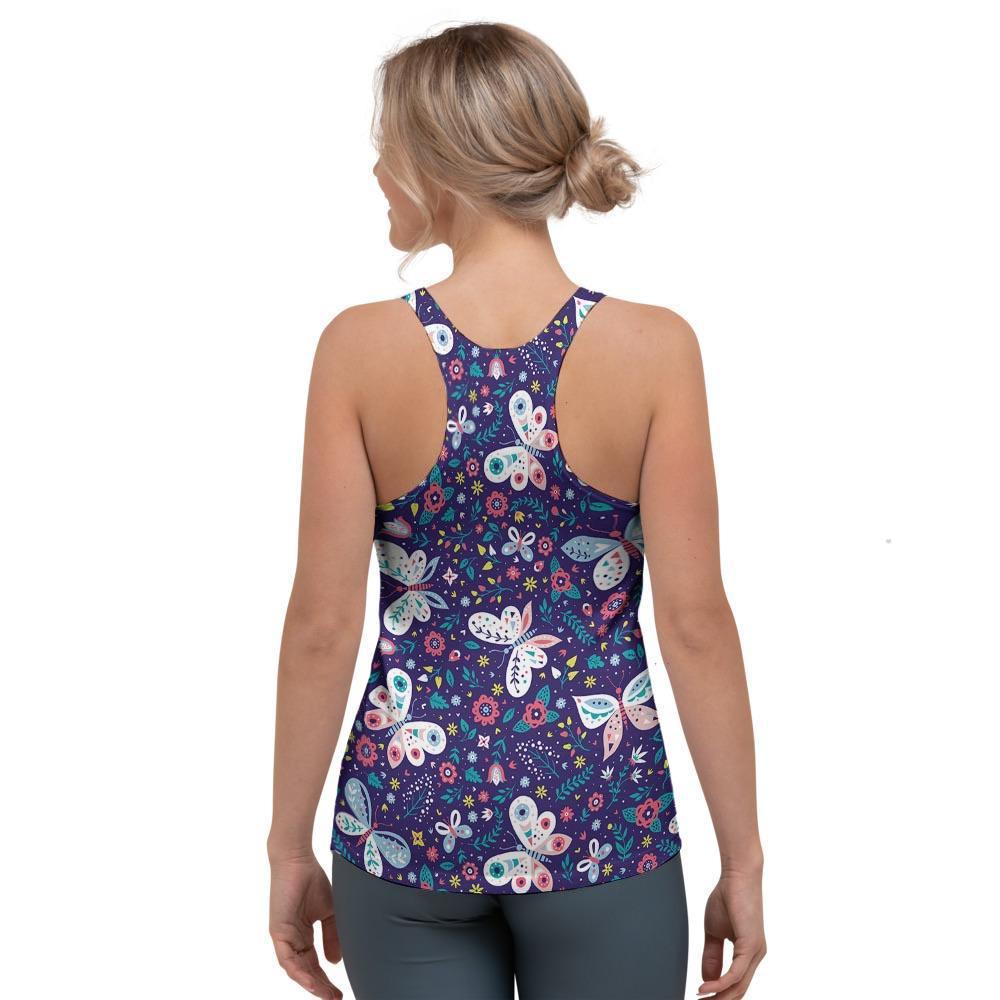 Blue Butterfly Floral Print Women's Racerback Tank Top-grizzshop