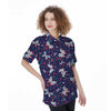 Blue Butterfly Floral Print Women's Short Sleeve Shirts-grizzshop