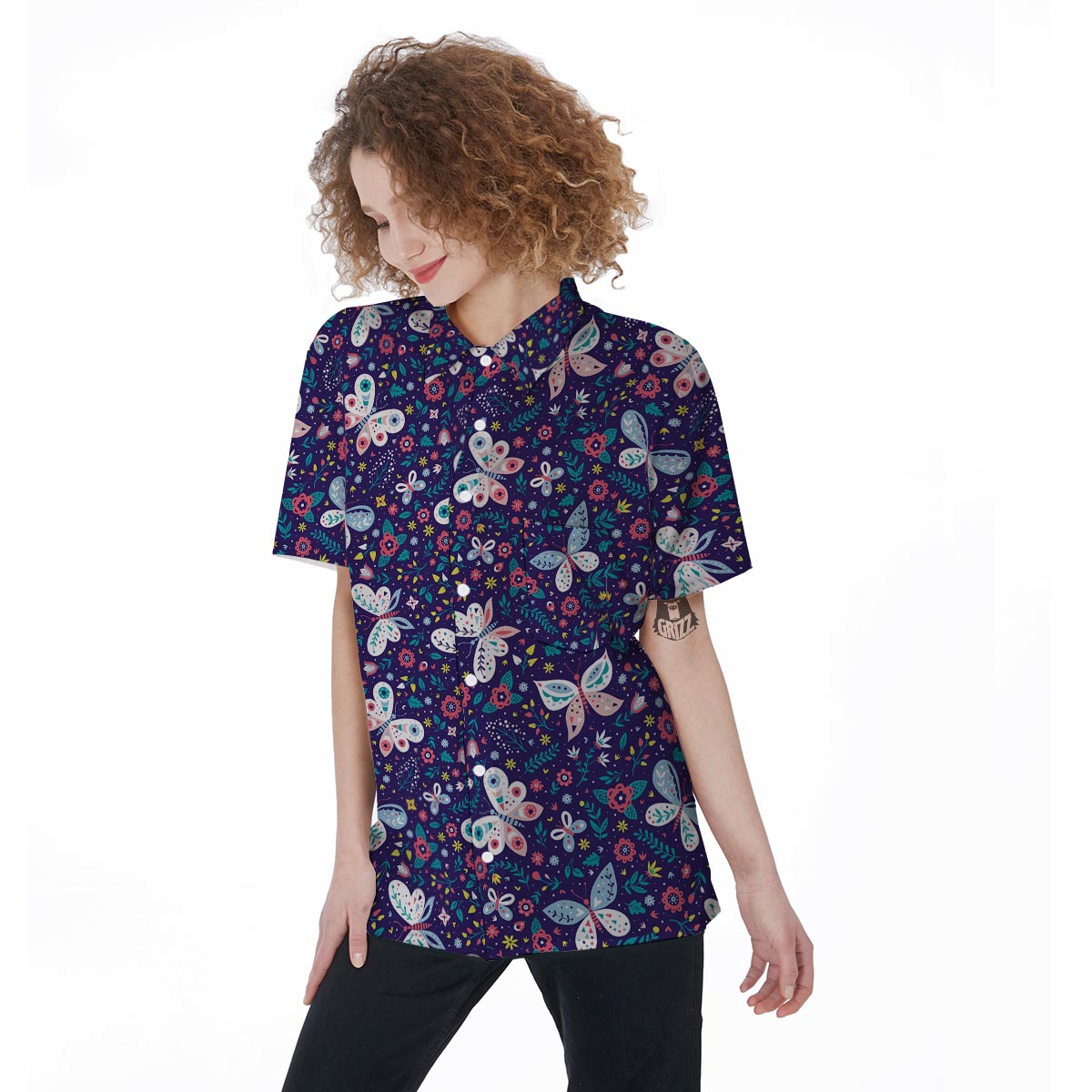 Blue Butterfly Floral Print Women's Short Sleeve Shirts-grizzshop