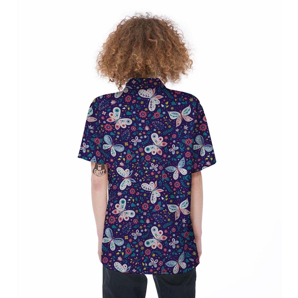 Blue Butterfly Floral Print Women's Short Sleeve Shirts-grizzshop