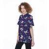 Blue Butterfly Floral Print Women's Short Sleeve Shirts-grizzshop