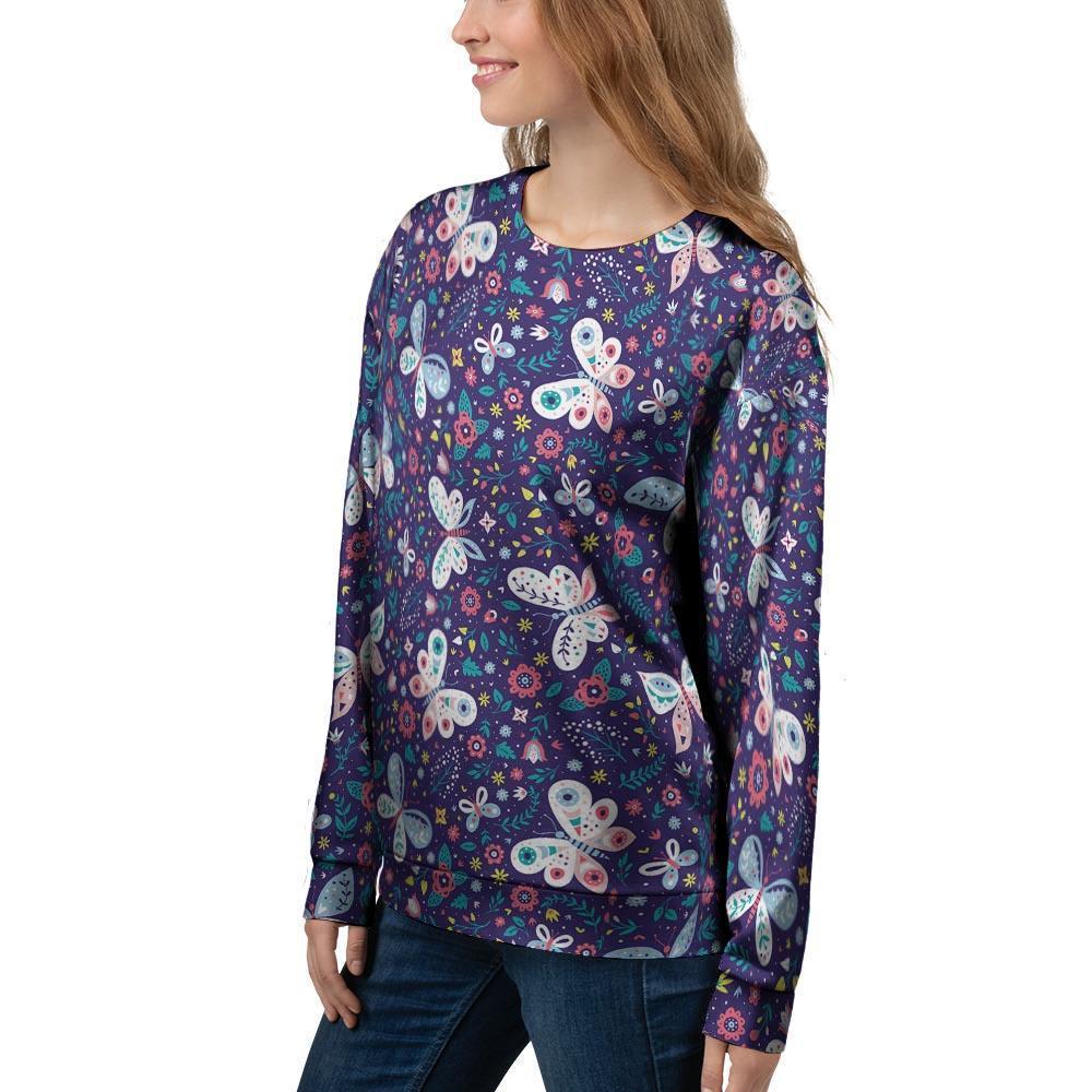 Blue Butterfly Floral Print Women's Sweatshirt-grizzshop