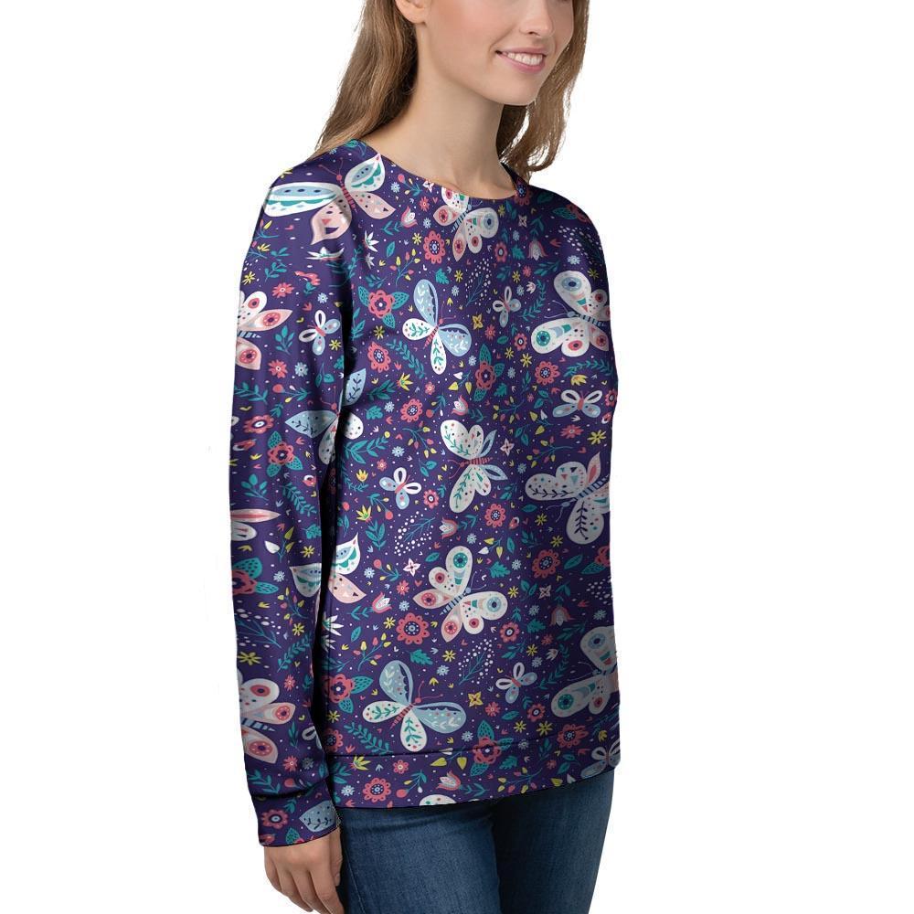 Blue Butterfly Floral Print Women's Sweatshirt-grizzshop