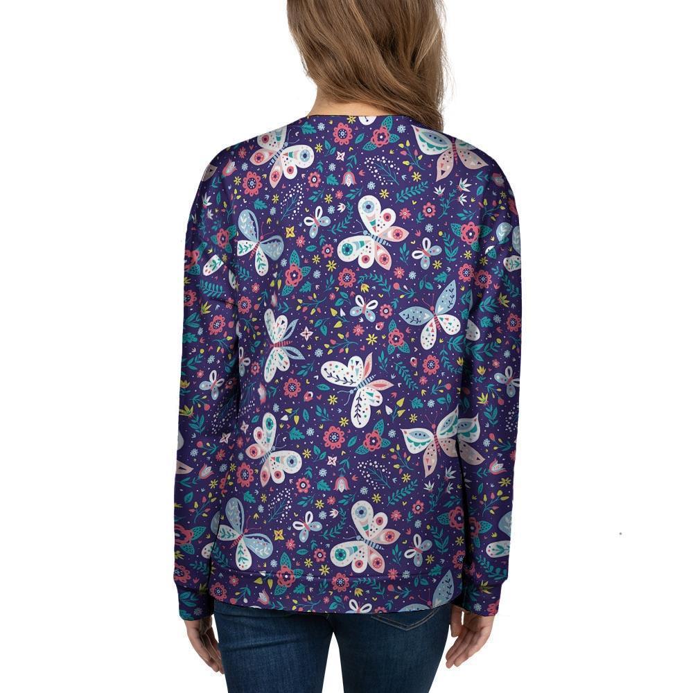 Blue Butterfly Floral Print Women's Sweatshirt-grizzshop