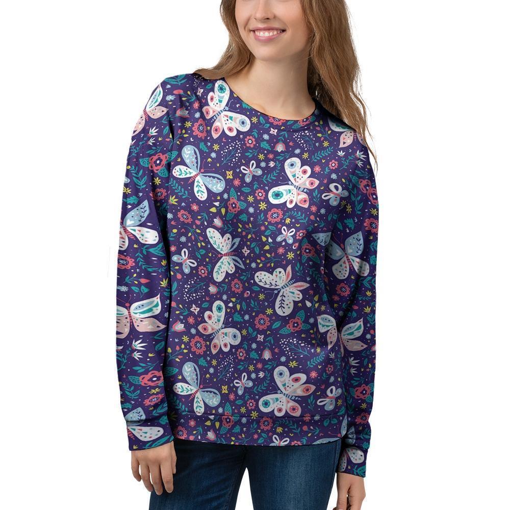 Blue Butterfly Floral Print Women's Sweatshirt-grizzshop