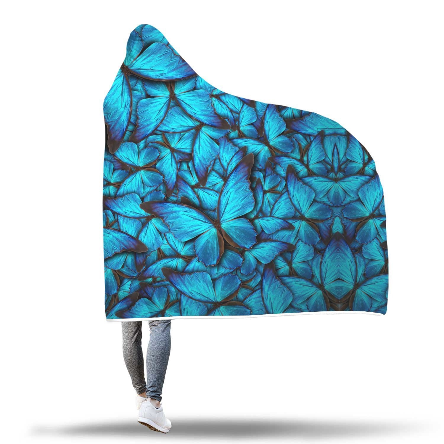 Blue Butterfly Pattern Print Hooded Blanket-grizzshop