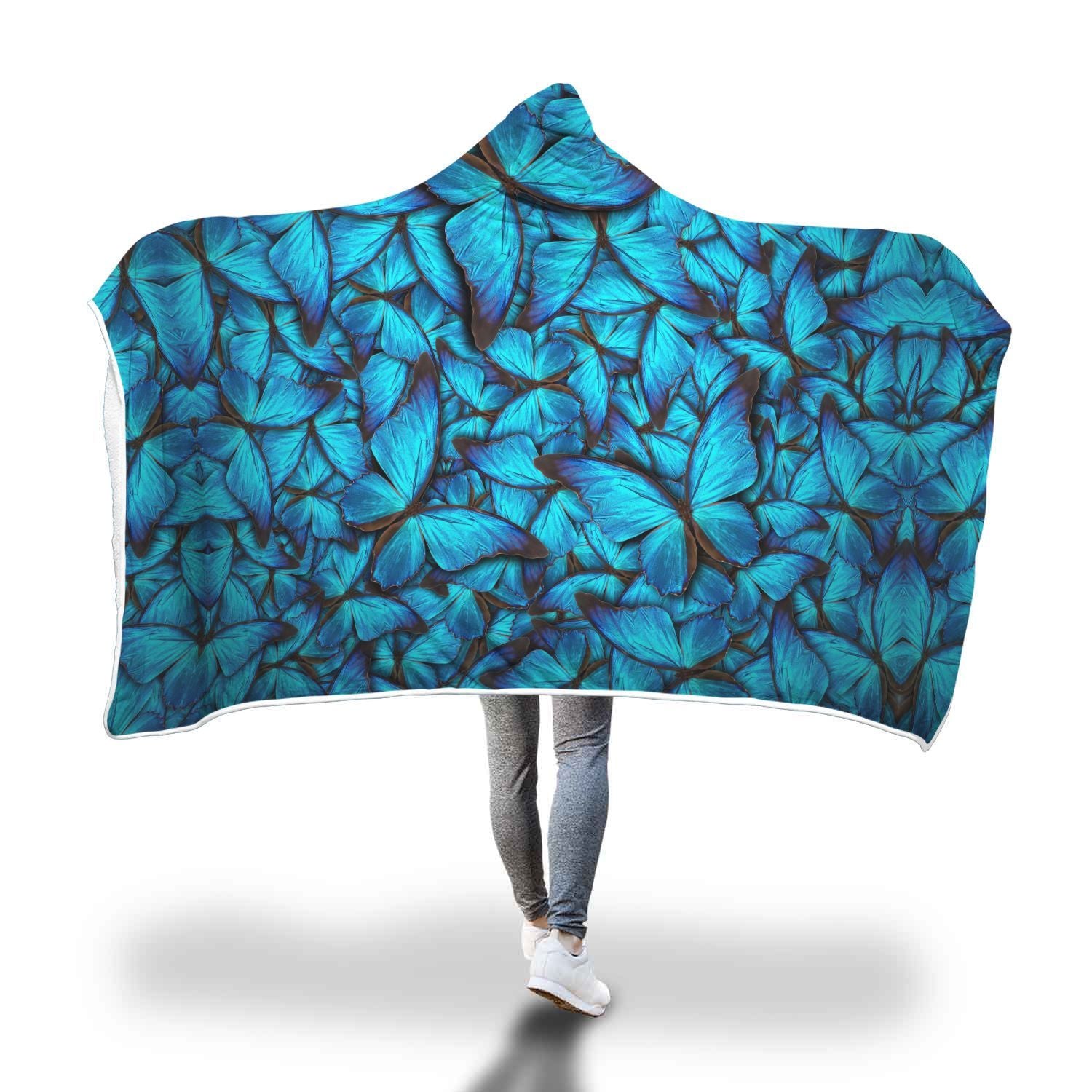 Blue Butterfly Pattern Print Hooded Blanket-grizzshop