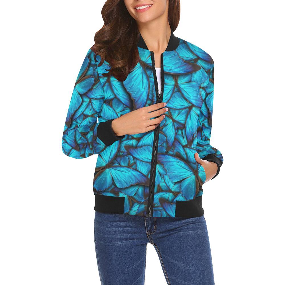 Blue Butterfly Pattern Print Women Casual Bomber Jacket-grizzshop