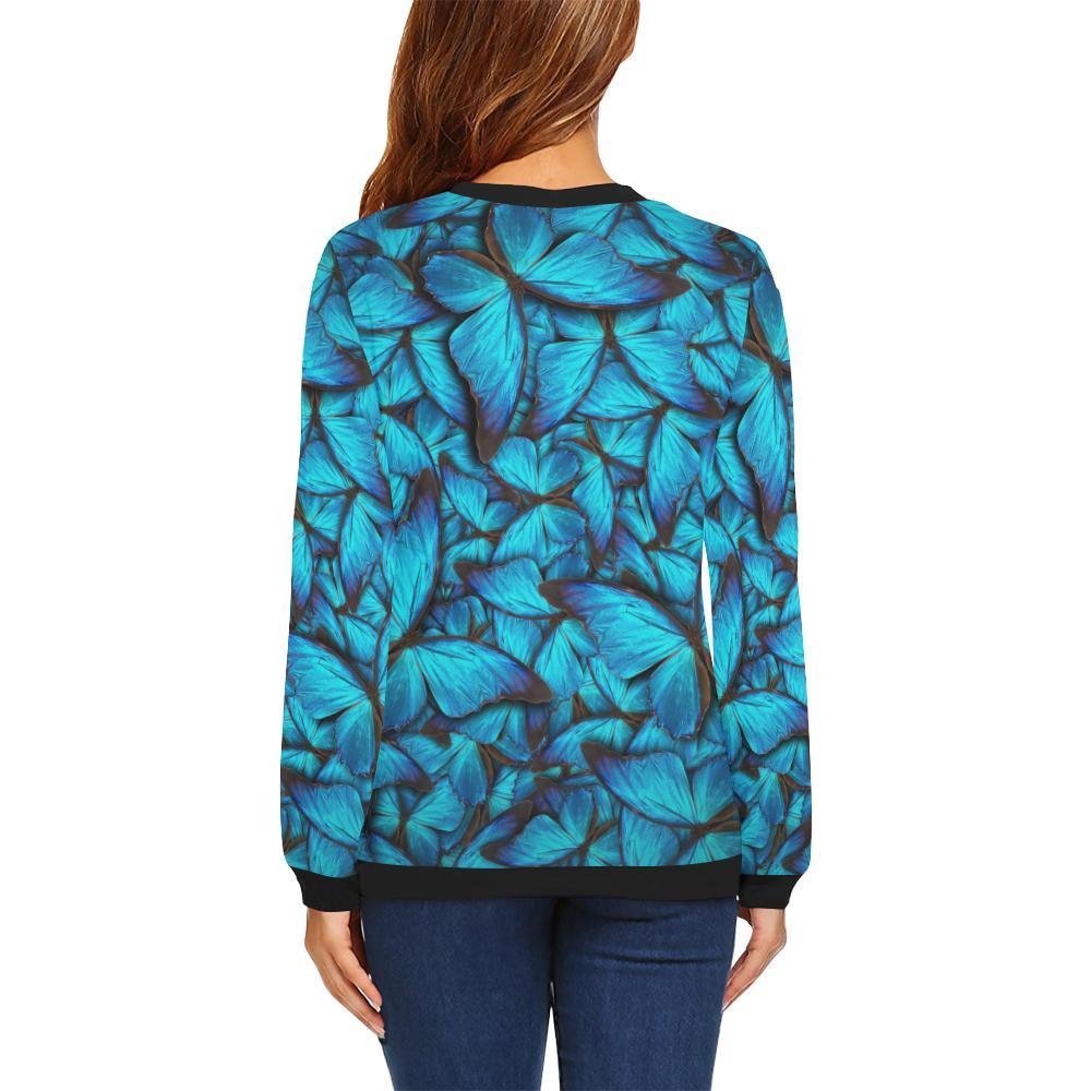 Blue Butterfly Pattern Print Women Crewneck Sweatshirt-grizzshop