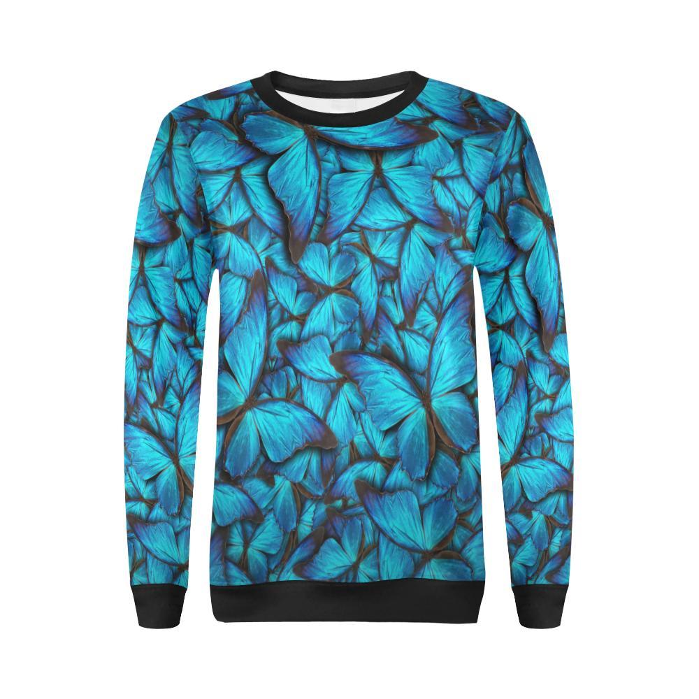 Blue Butterfly Pattern Print Women Crewneck Sweatshirt-grizzshop