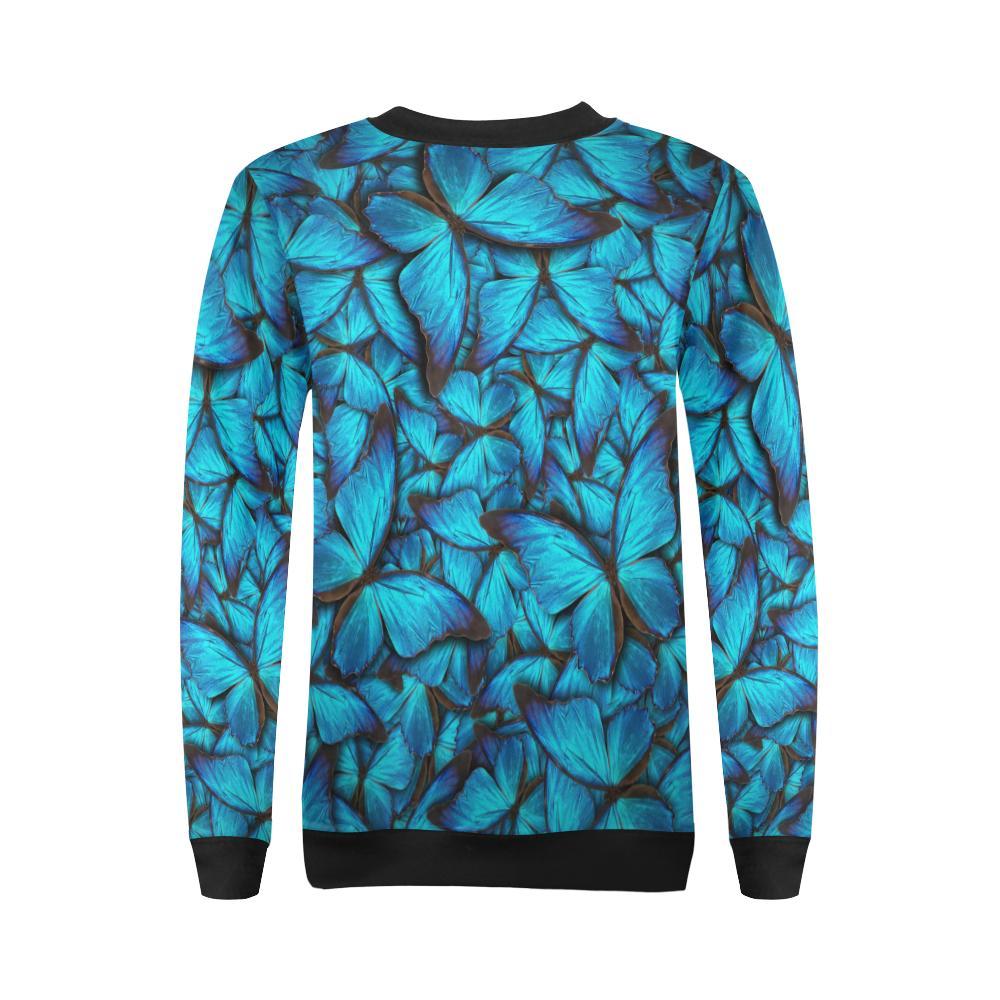 Blue Butterfly Pattern Print Women Crewneck Sweatshirt-grizzshop