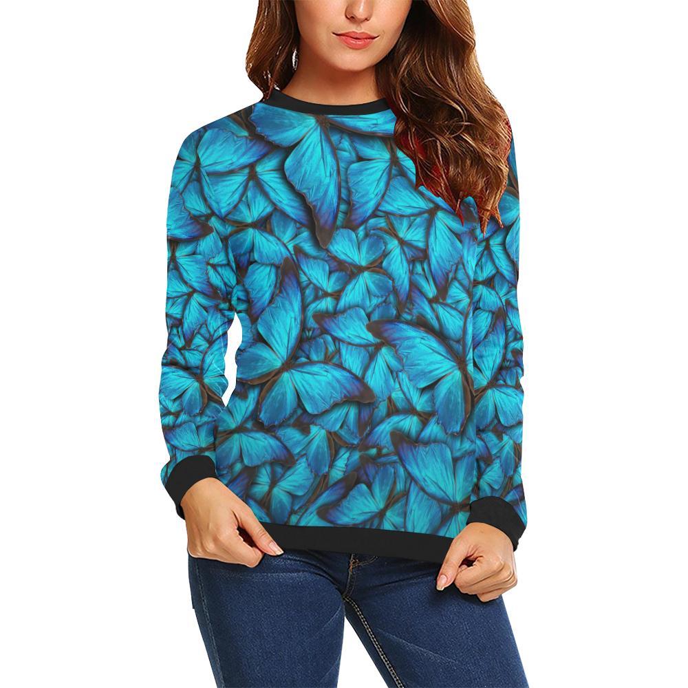 Blue Butterfly Pattern Print Women Crewneck Sweatshirt-grizzshop