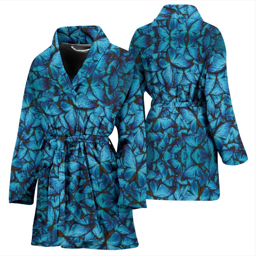 Blue Butterfly Pattern Print Women Long Robe-grizzshop